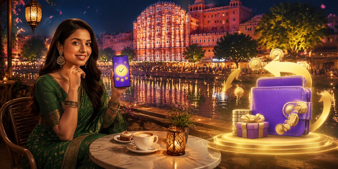 Colorful festive scene with Jaipur cityscape